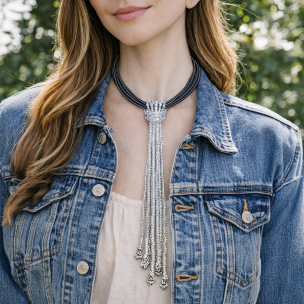 Multistrand Black Leather Choker With Beaded Strands Statement Necklace 45$
